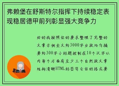 弗赖堡在舒斯特尔指挥下持续稳定表现稳居德甲前列彰显强大竞争力 弗赖堡在舒斯特尔指挥下持续稳定表现稳居德甲前列彰显强大竞争力
