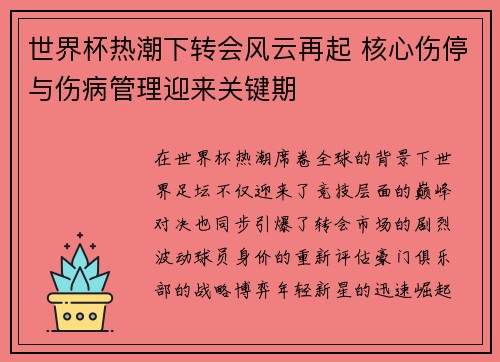 世界杯热潮下转会风云再起 核心伤停与伤病管理迎来关键期