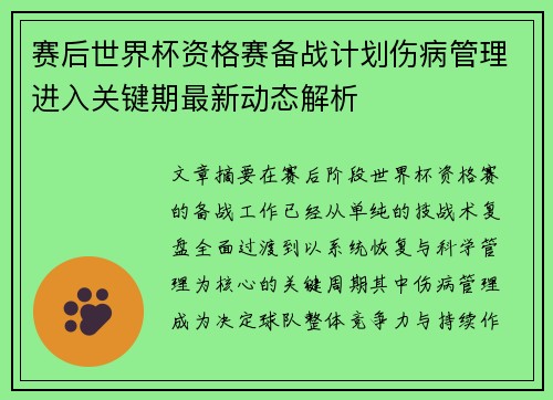 赛后世界杯资格赛备战计划伤病管理进入关键期最新动态解析